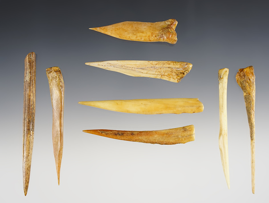 Set of 8 nicely patinated Bone Awls found in Calusa Co., California. The largest is 4".