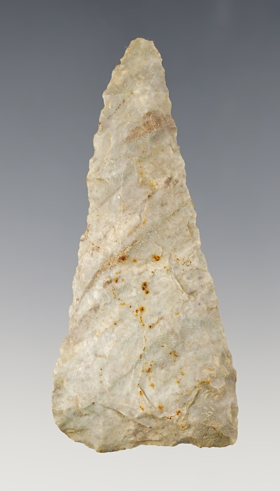 2 3/4" Beveled Archaic Knife - Indiana Green (Attica Chert). Wabash Co., Illinois. Ex. Clark Family.