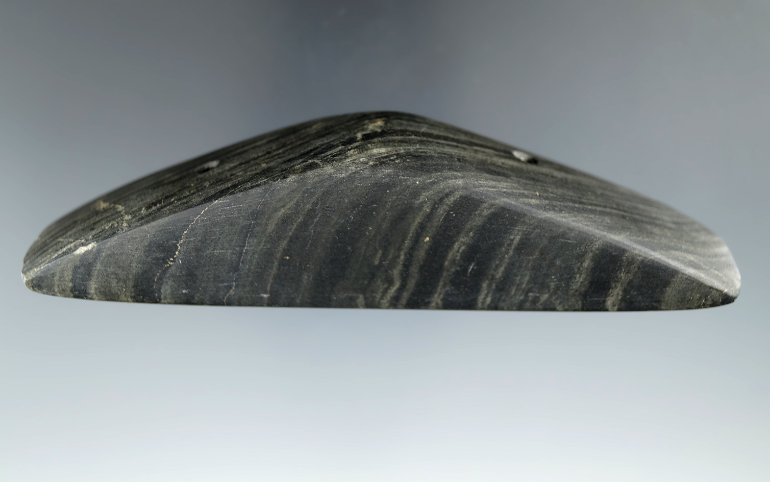 4 7/8" Boatstone made from Banded Slate, found in Darke Co., Ohio. Ex. Utt, Sorgenfrei.