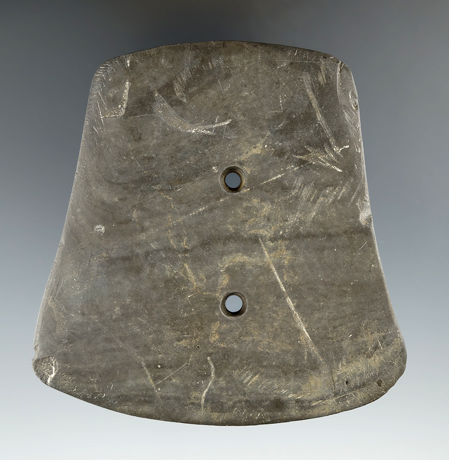 3 3/4" Woodland Flared Gorget made from Banded Slate, found in Lenawee Co., Michigan. Pictured!