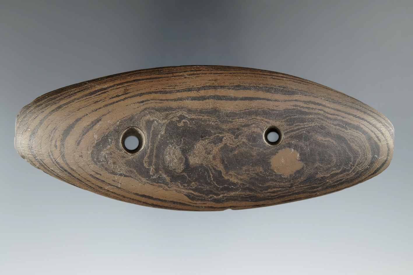 4 3/4" Glacial Kame Gorget made from red and black Banded Slate, found Madison Co., Indiana.