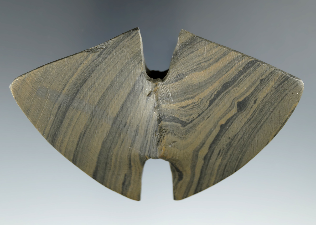 3 7/8" Double Notch Bannerstone (Surface cleaned + 1 reglued chip) Pickaway Co., Ohio. Pictured!