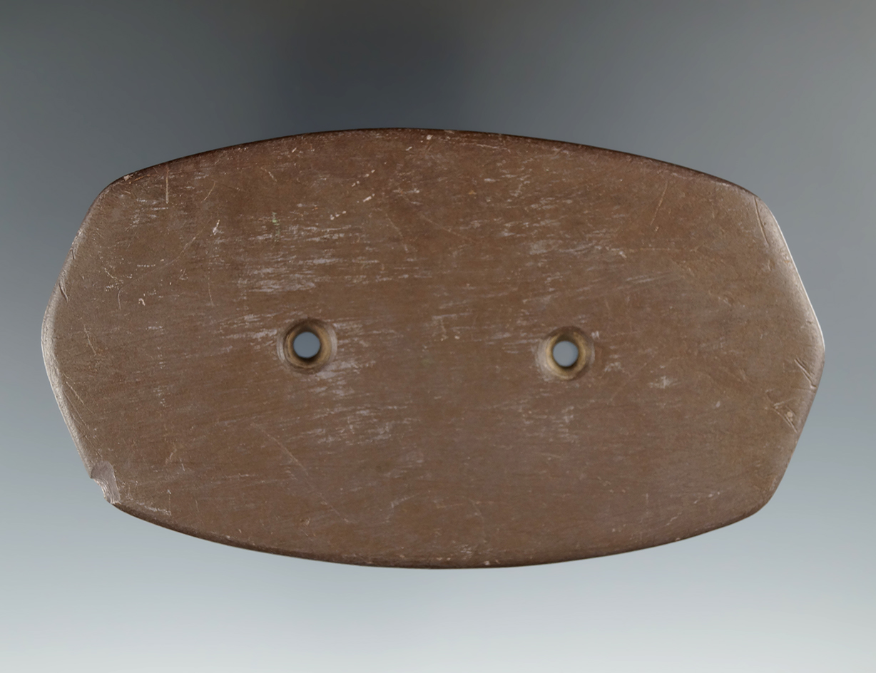 4 9/16" six-sided Gorget found in Jay Co., Indiana, made from red Slate. Ex. Young, Hawes, Smith.