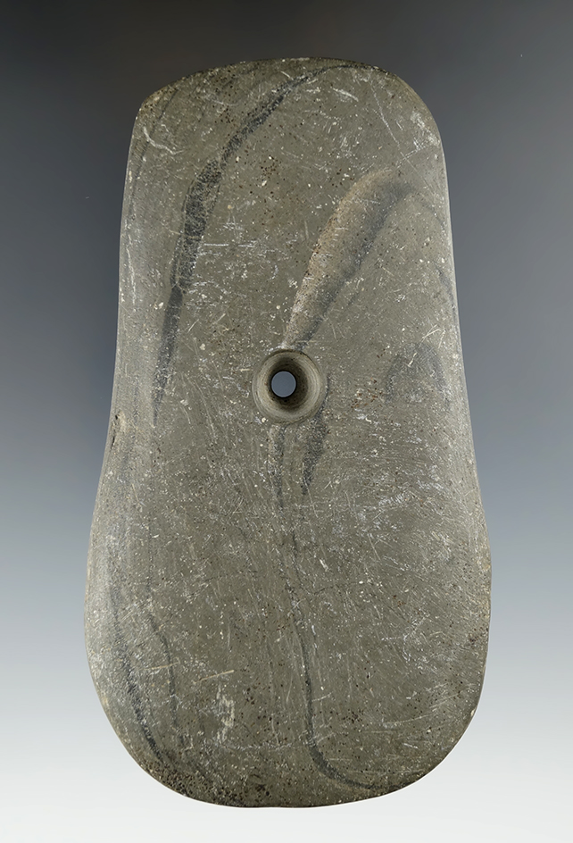 4 15/16" Adena Keyhole Pendant made from Mottled Slate, found in Kosciusko Co., Indiana.