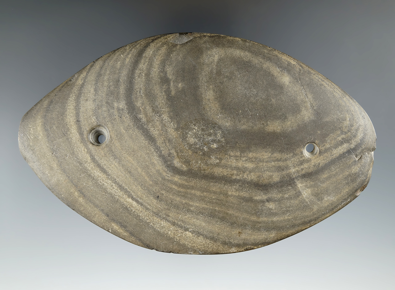 5 1/4" Glacial Kame Elliptical Gorget, Monroe Co., Michigan. Pictured. Ex. Fincham, Tolliver, Fisher