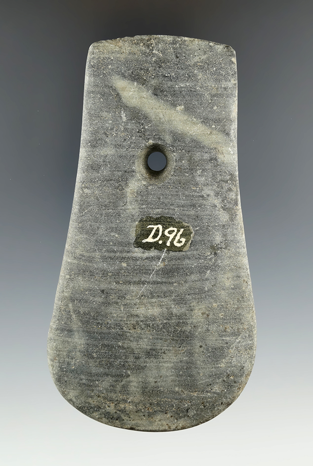 4 5/16" Adena Keyhole Pendant made from Banded Slate, Randolph Co., Indiana. Ex. Driskill.