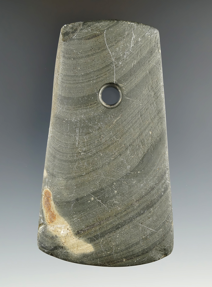 4" Adena Trapezoidal Pendant found in Jasper Co., Indiana. Ex. Steve Ford Collection.