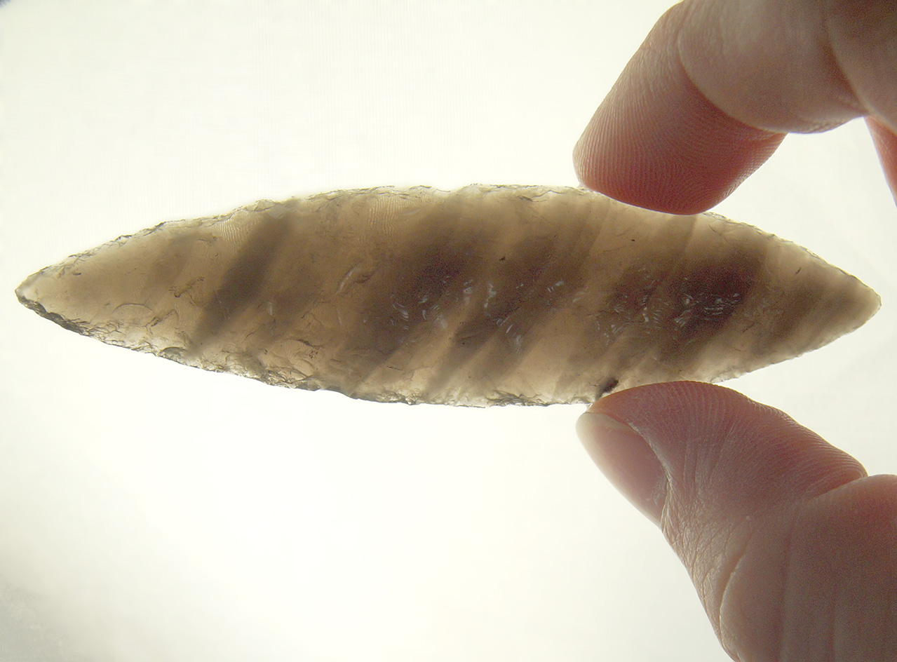 Incredible Flaking! 3" Obsidian bi-point that is nicely patinated with exceptional flaking