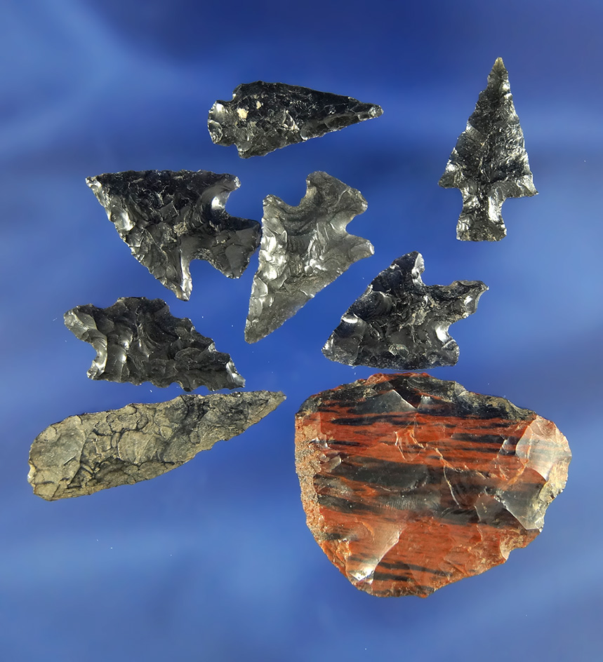 Set of 8 assorted Obsidian artifacts found at Gunther Island by Cecile Clarke