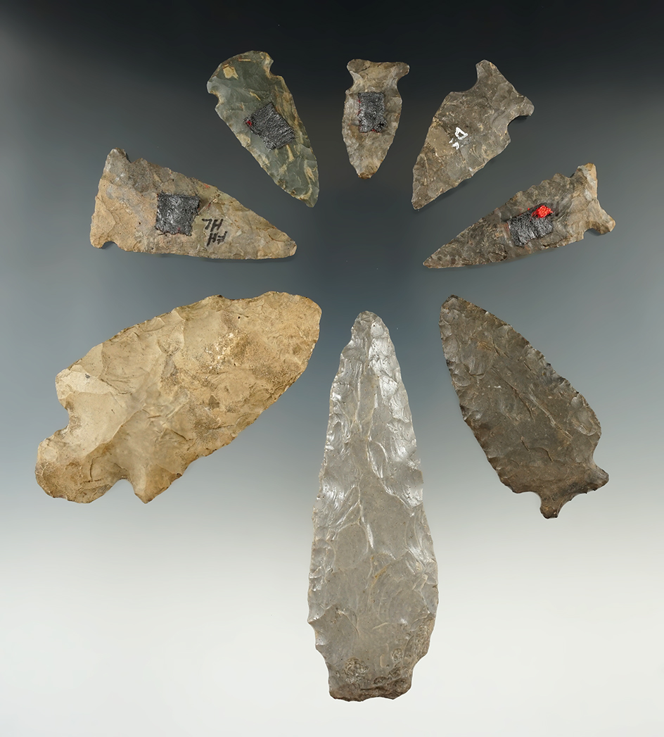 Group of 8 Flint points and Knives found in New York. One is restored. Largest is 3 5/8".
