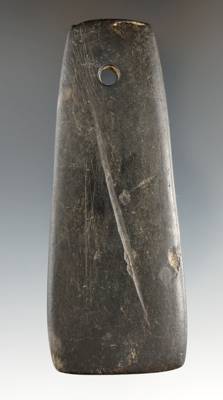 3 7/8" black slate Trapezoidal Pendant with engraved lines and either side found in Indiana.