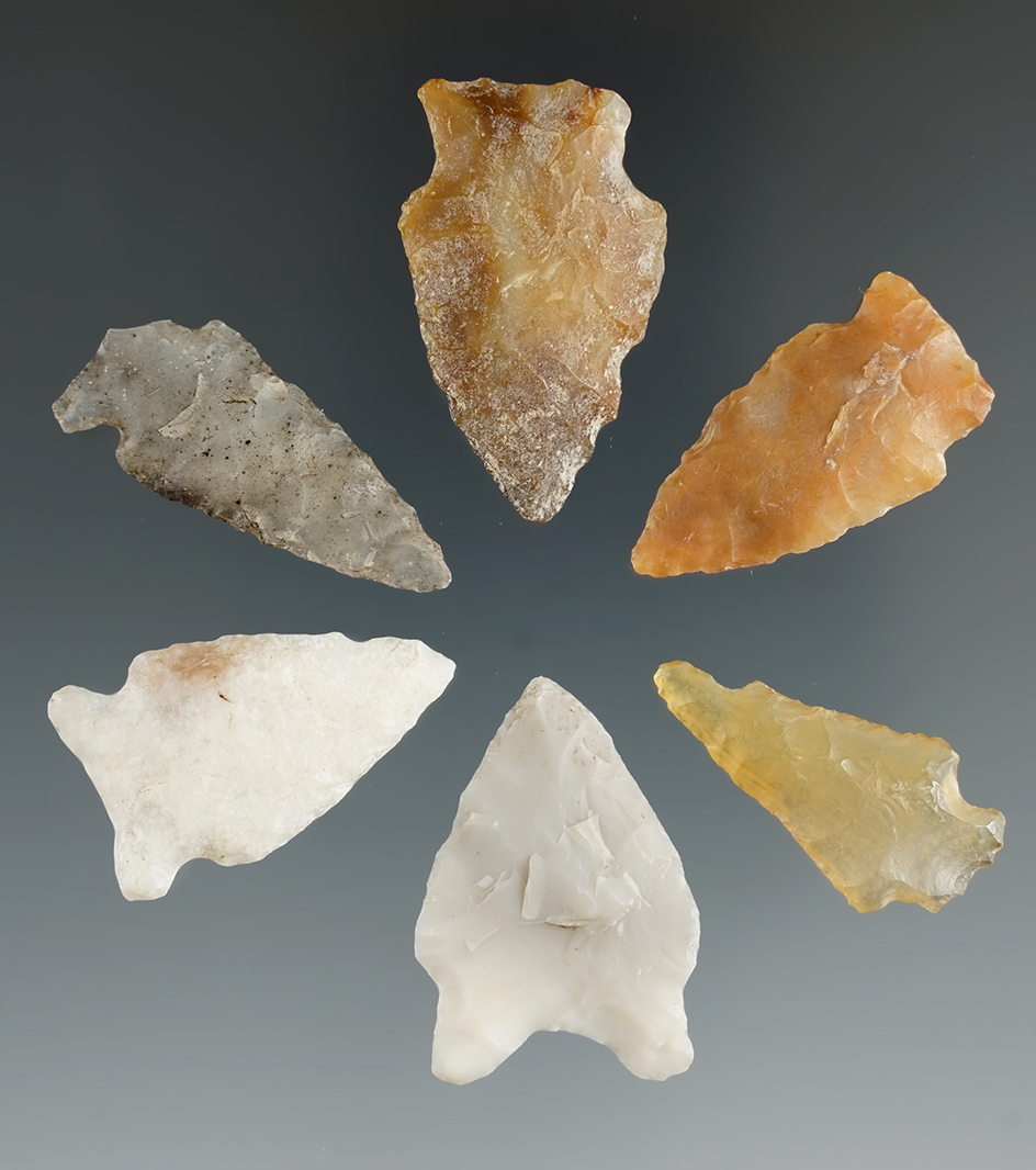 Set of six nice  assorted points found in Eastern South Dakota, largest is 1 5/16".