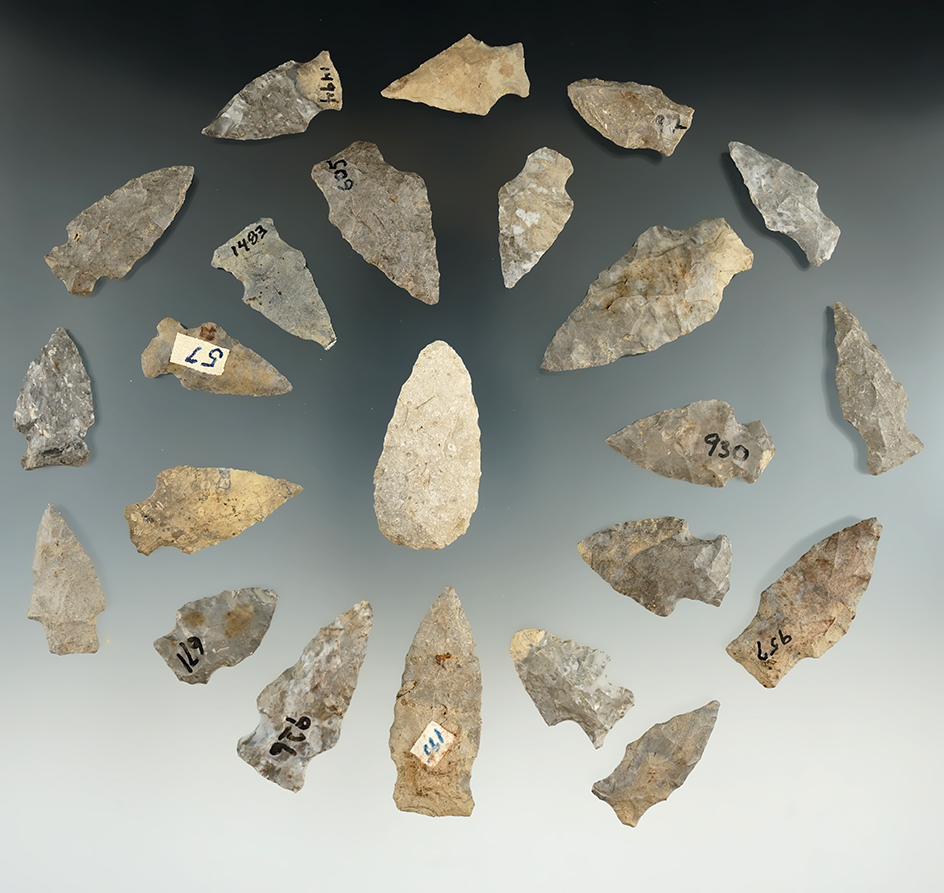 Group of 23 fields found points, largest is 2 1/16". Found in Allegheny Co., New York. Ex.  Lang.