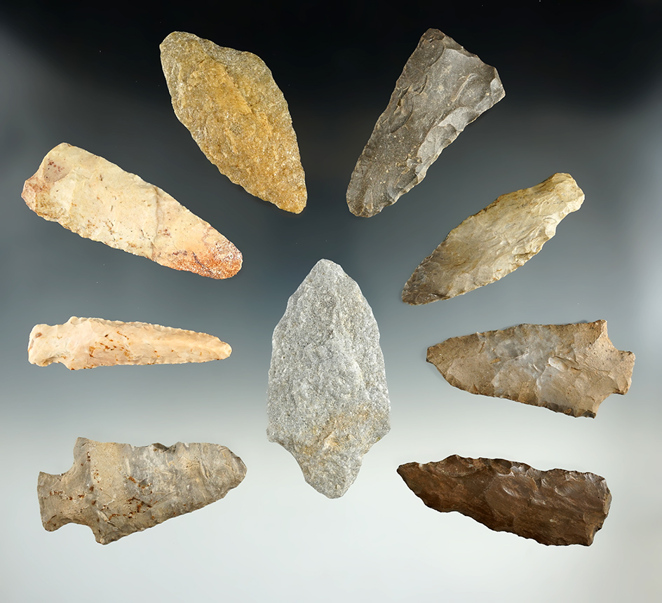 Group of nine points and Knives found in Pennsylvania, largest is 3 3/16".