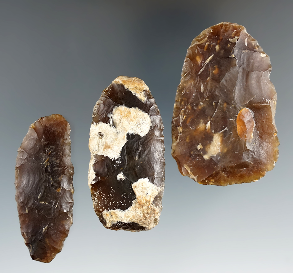 Set of three Knife River Flint Blades found in Brookings Co., South Dakota, largest is 2 5/16".