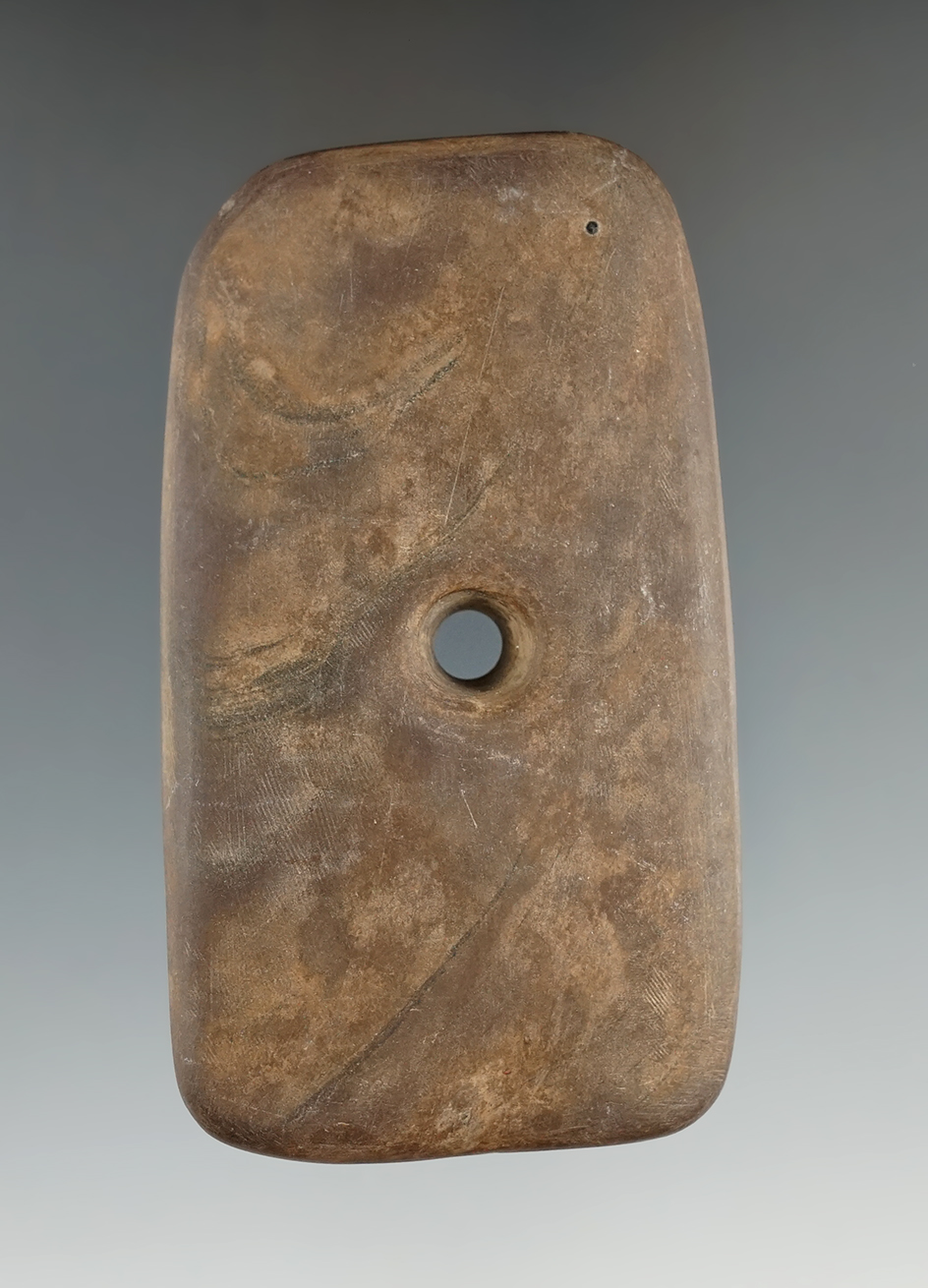 3 5/8" Adena Rectangular Pendant made from brown Mottled Slate, found in Monroe Co., Michigan