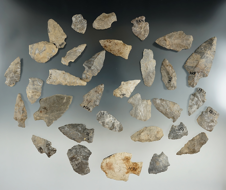 Large group of 32 field found arrowheads from the Howdy Lang collection. Allegheny Co., New York.