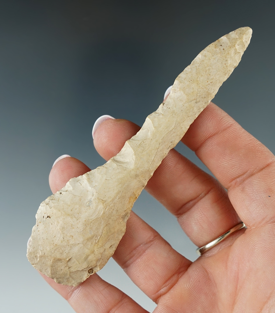 Large 4 1/8" Flint Drill with nice use polished on bit found in Dade Co., Missouri.