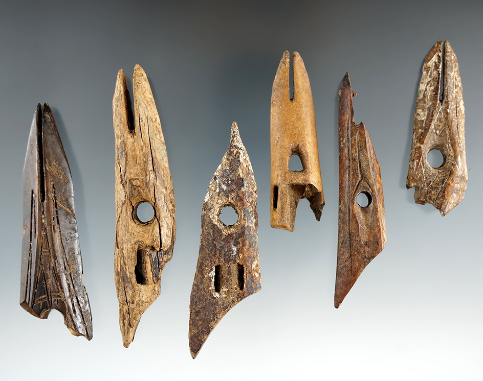 Set of six Inuit harpoon toggles in various conditions found in Alaska. Largest is 3 9/16".