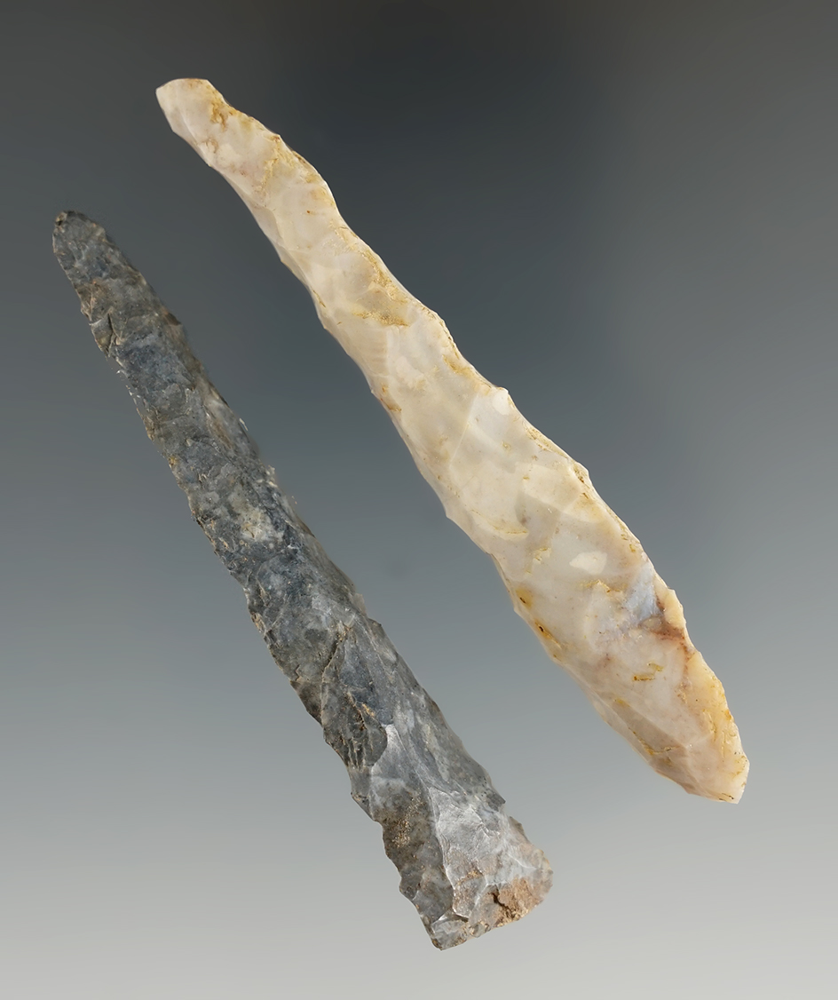 Two nice "pin" drills of Archaic origin. One is Flint Ridge and one is Coshocton. Largest is 3 1/8".