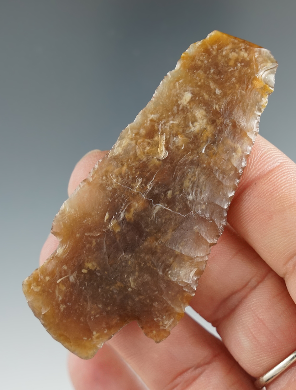 2 3/4" Cody Knife - heavily patinated Knife River Flint with ancient tip damage found in Eastern SD.