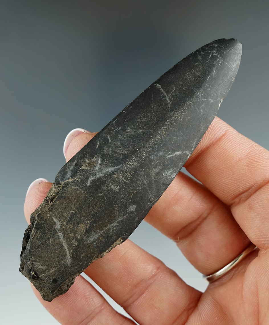 3 3/8" ground and polished Inuit slate point found in Alaska.