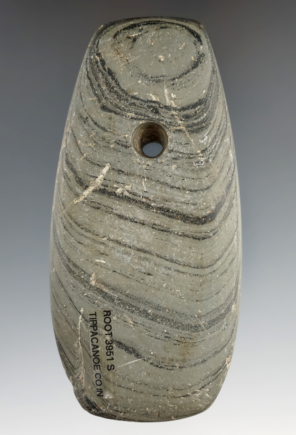 4 7/16" Adena Trapezoidal Pendant made from green and black Banded Slate,  Tippacanoe Co., IN.