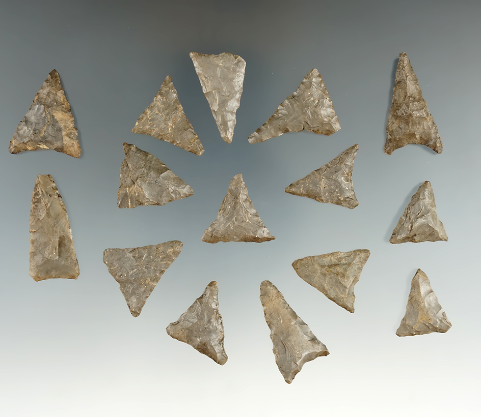 Group of 15 Mississippian triangle points found in Allegheny Co., New York. Largest is 1 3/16".