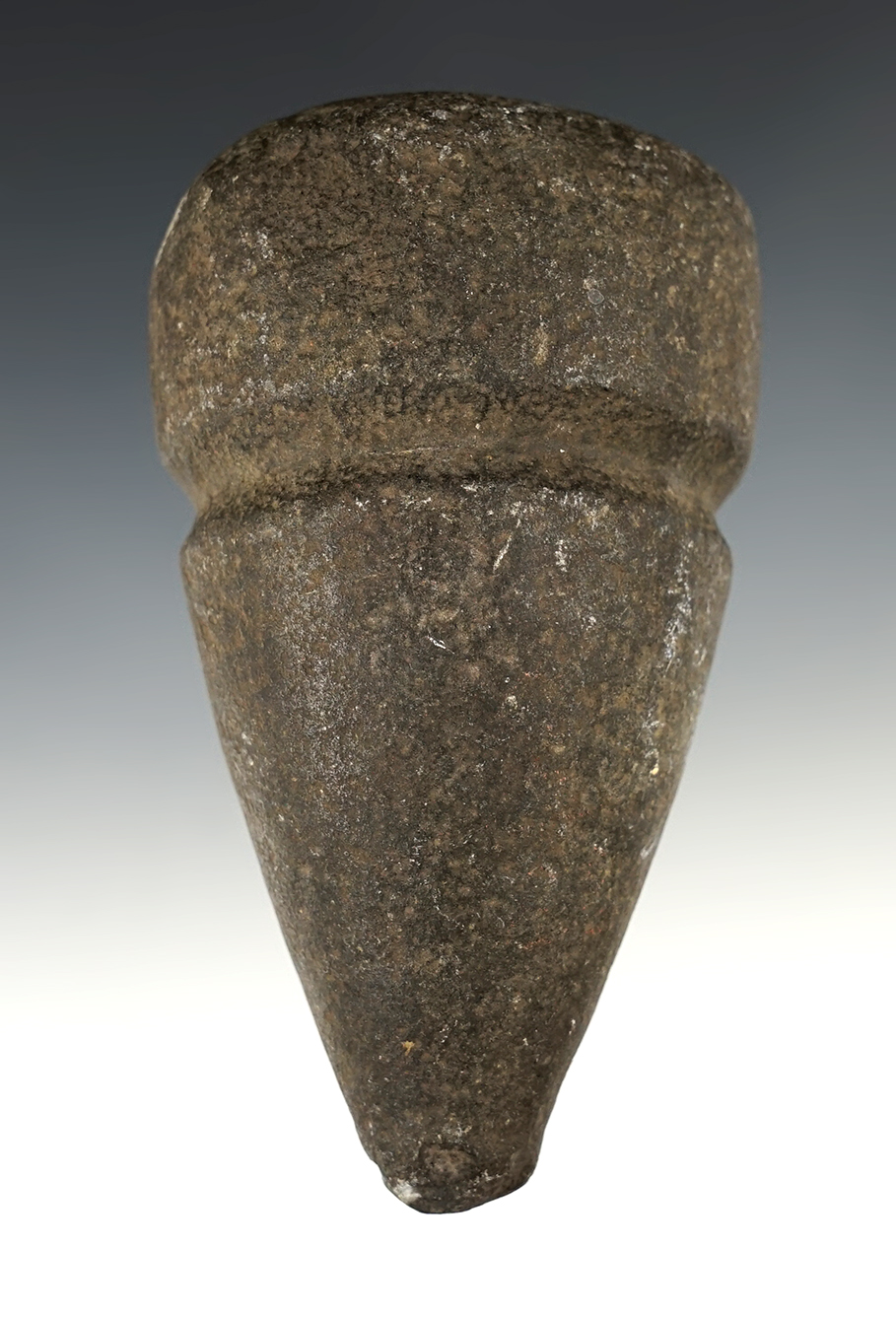 Uniquely styled 4 3/4" Full Grooved stone artifact. Found location unknown.