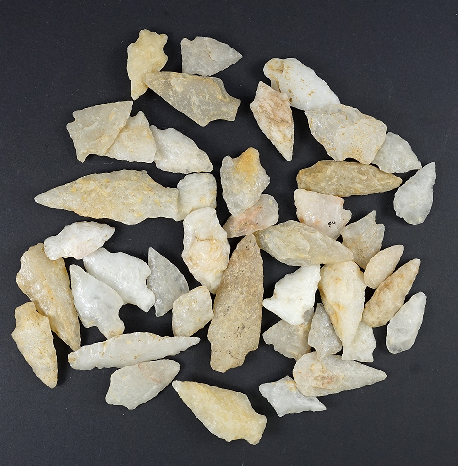 Set of 40  Nice Quartz Arrowheads that were surface found in the Cecil Co., Maryland area.