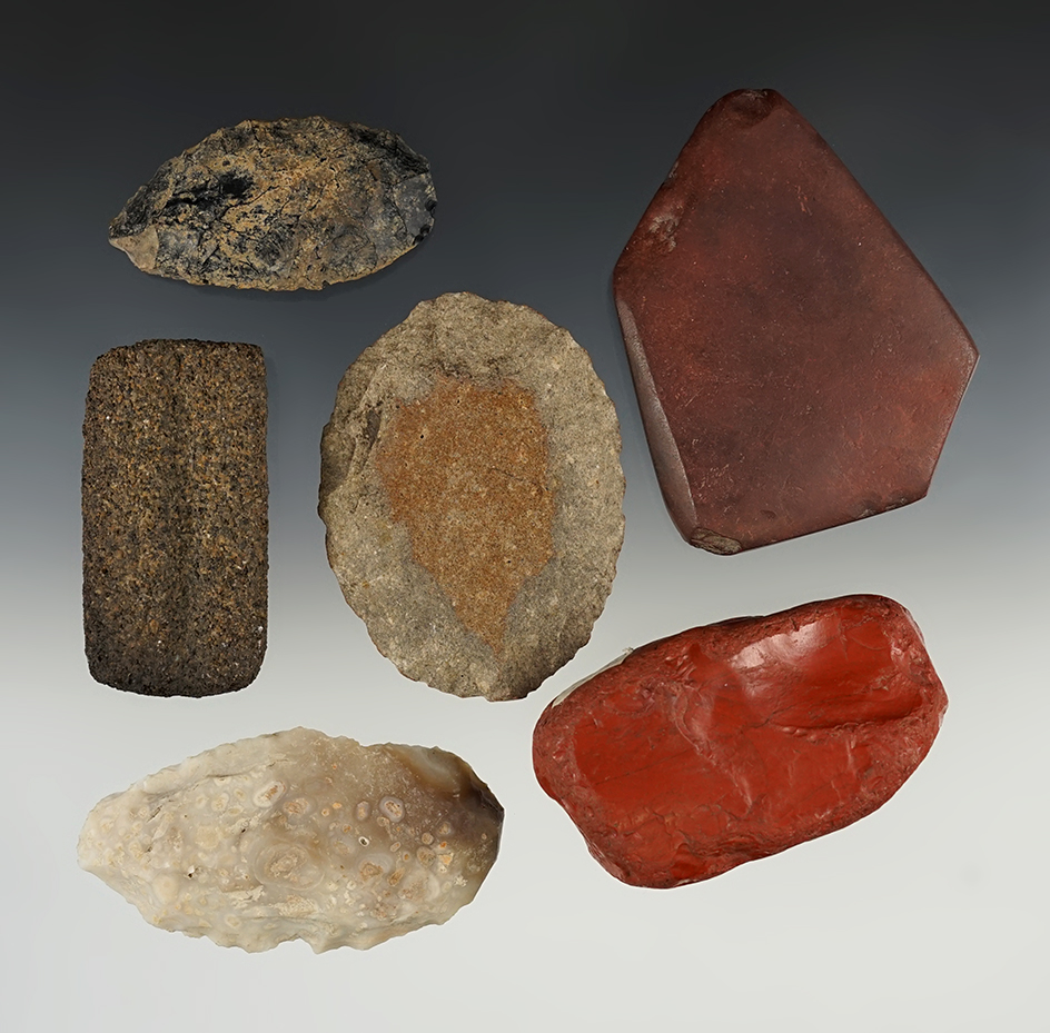 6 Assorted artifacts found in Oregon including Blades, Hammerstone and arrow shaft smother.