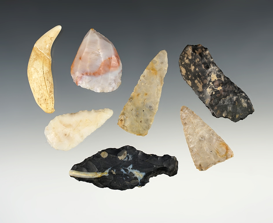 Set of artifacts found in Licking Co., Ohio including a Core, Uniface Knife and more.