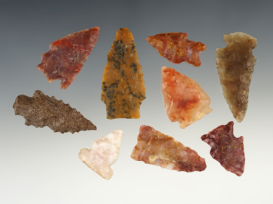 Group of 9 Assorted Arrowheads made from beautiful materials. Found in New Mexico.