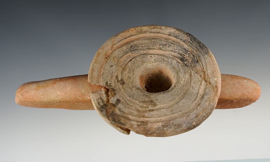 5 1/2" long Pottery Disc Pipe that was broken when recovered - three broken pieces reglued.