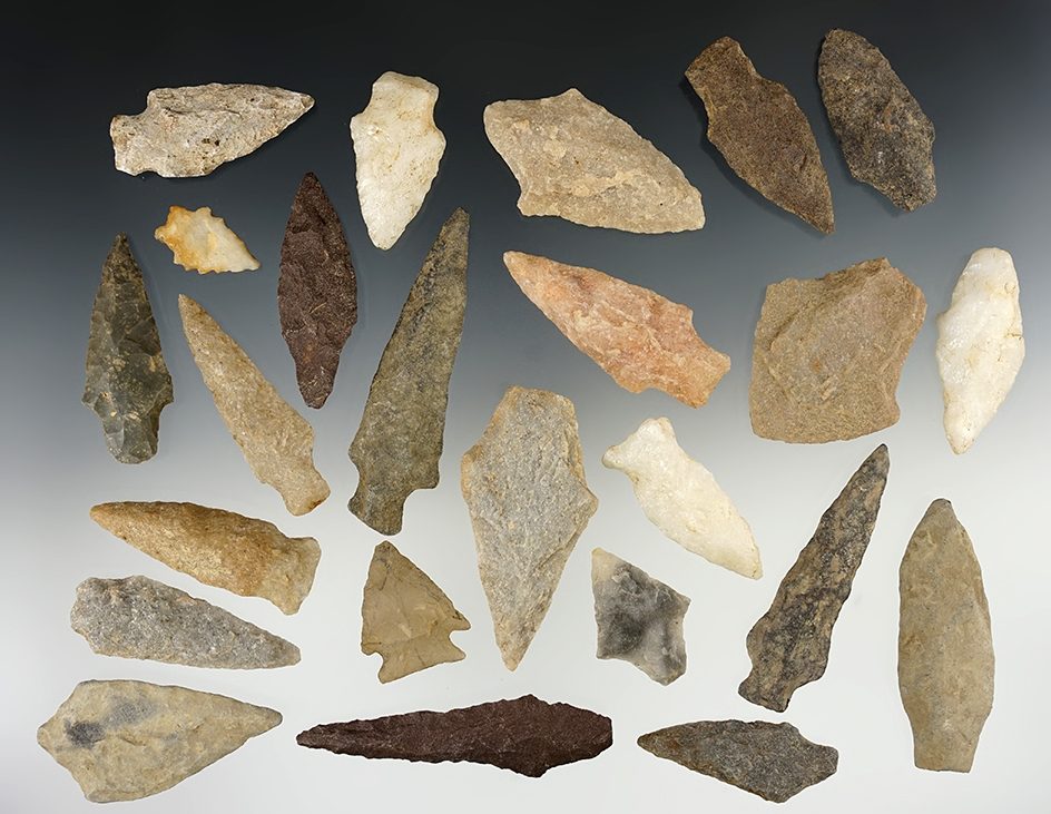 Set of 25 Nice Quartz Arrowheads that were surface found in the Cecil Co., Maryland area.