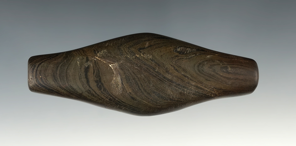 4 1/8" Undrilled Adena Expanded Center Gorget made from Banded Slate. Pickaway Co., Ohio.