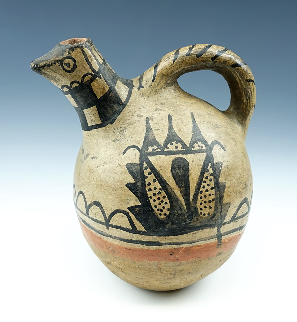 Large 8 3/4" tall x 5 1/2" wide bird effigy handled Southwestern bottle.