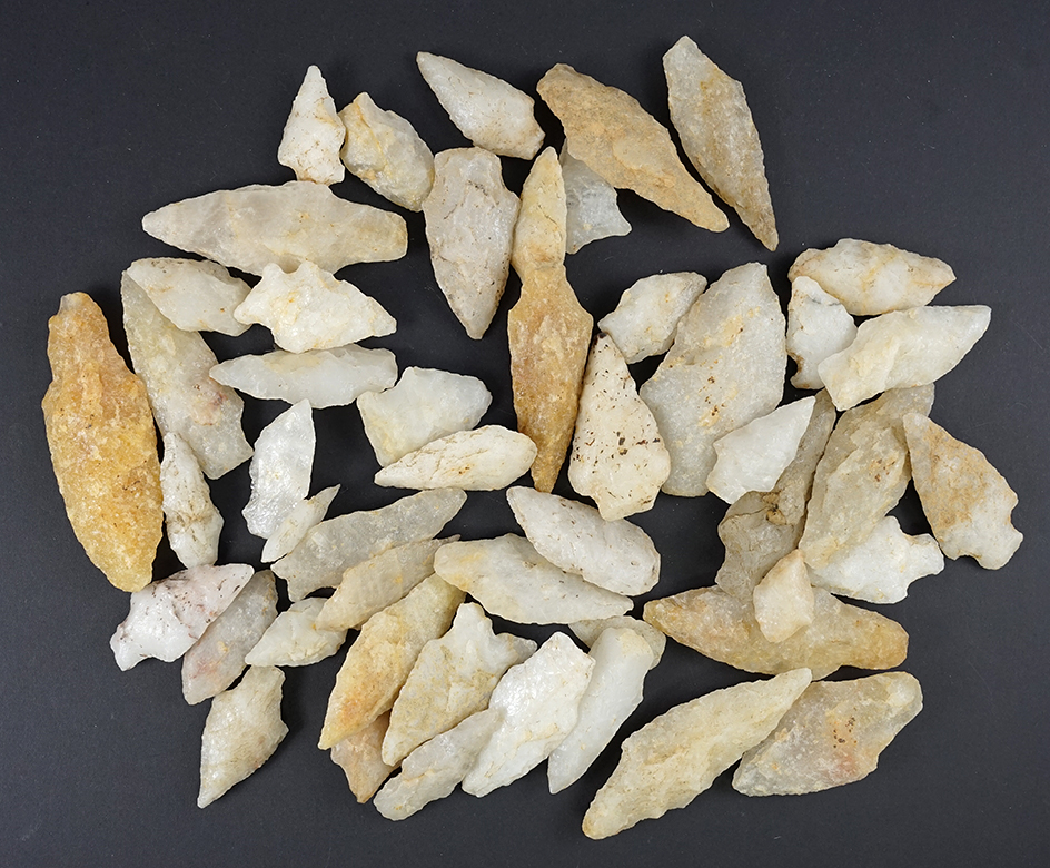 Set of 50  Nice Quartz Arrowheads that were surface found in the Cecil Co., Maryland area.