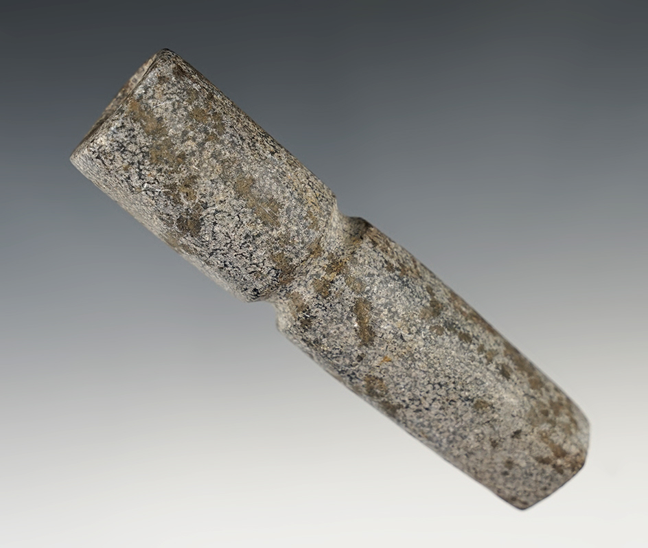 4 1/16" Drilled Stone Pipe with a center suspension groove, found in New Mexico.