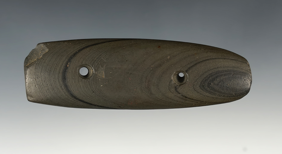 4 5/8" Gorget made from green and black Banded Slate. Found in Lorain Co., Ohio. Ex. Bill Tiel.