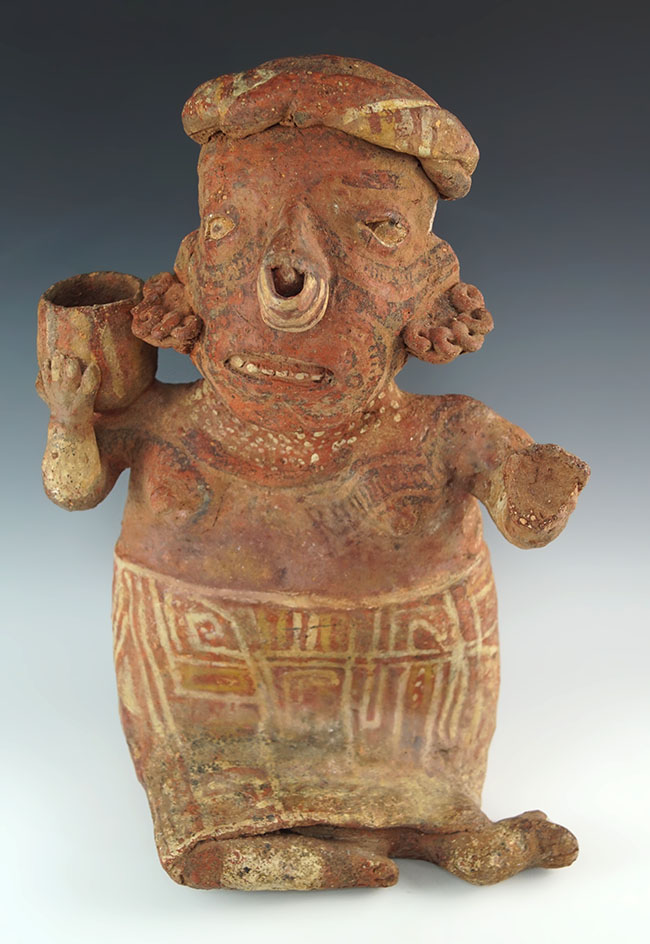 Large 14" tall Nayarit seated female figure holding a cup.  Found in west Mexico. Ex. Roy Pohler.