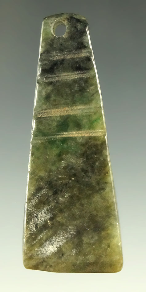 Very nice! 2 3/8" Jade pendant with four cut line engravings on each side found in Costa Rica.
