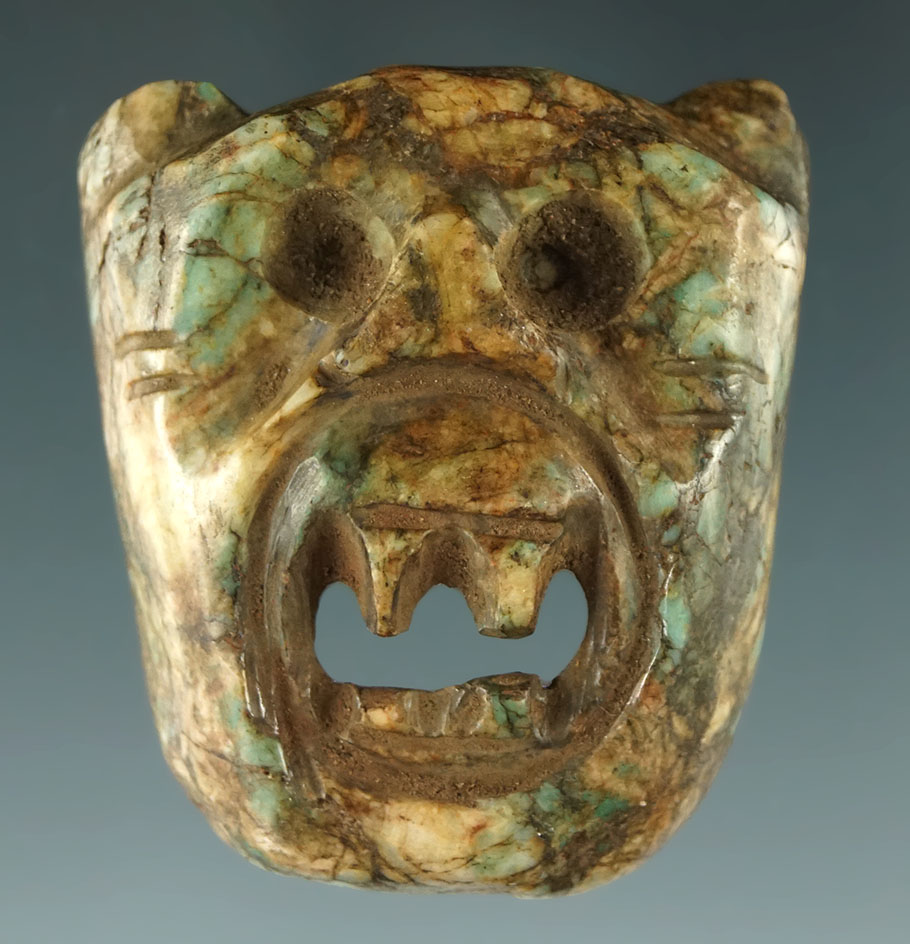 1 3/4" carved Olmec mask - attractive multicolored Hardstone found in Veracruz City, Mexico.