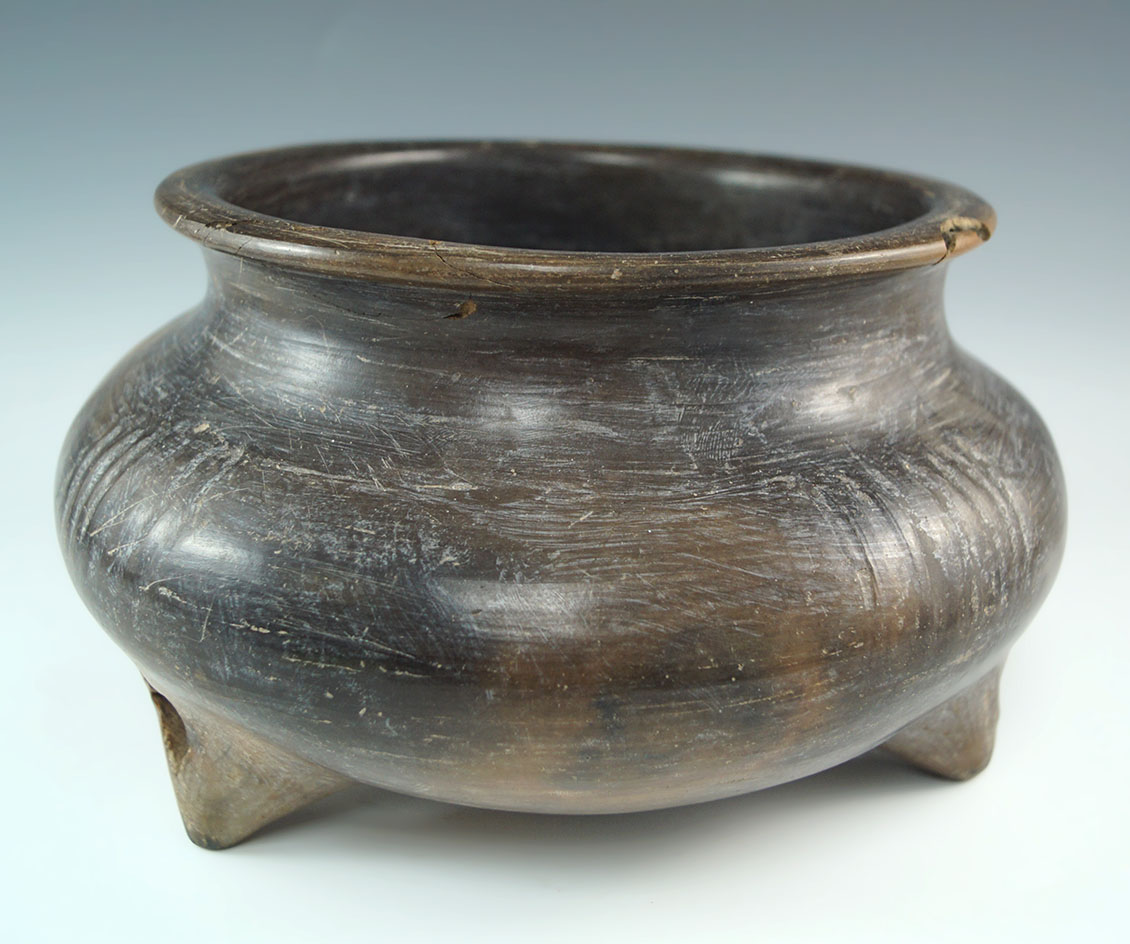 Large 8 1/4" wide by 5" tall Chupicuaro tri-leg pottery bowl. Found in north central Mexico.