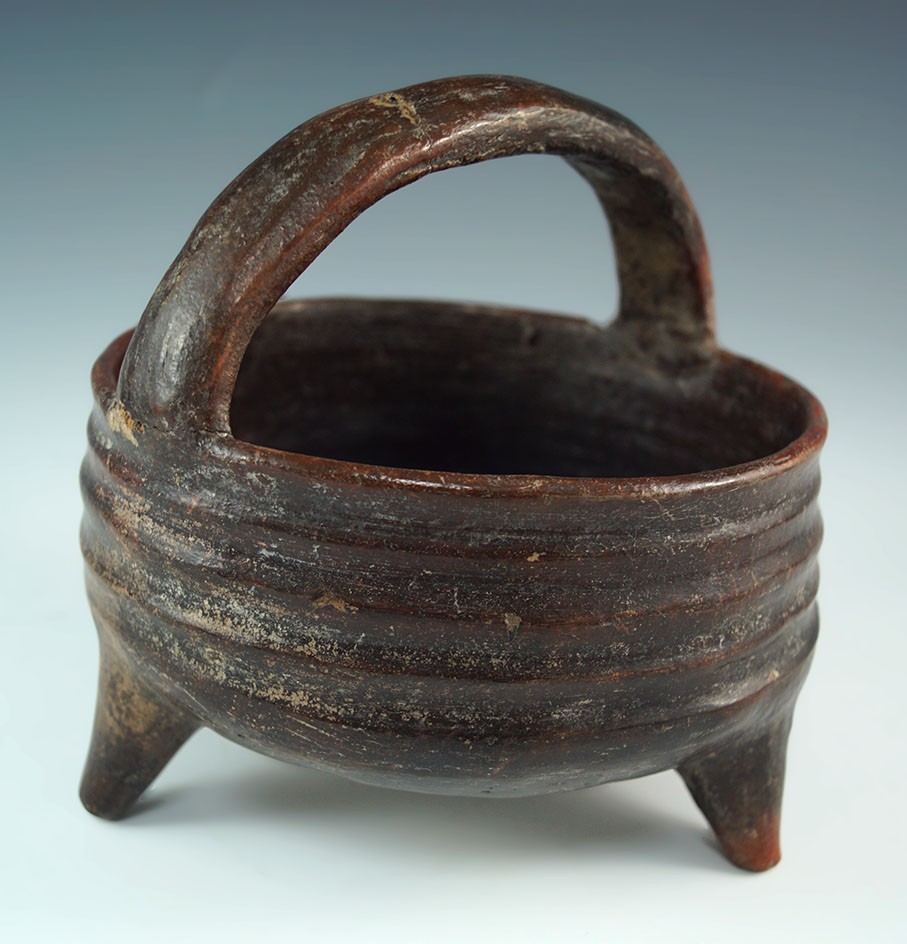 6 1/2" x 6 1/2" tall handled basket bowl with a tri-pod base. Mexico. Handle has been glued.
