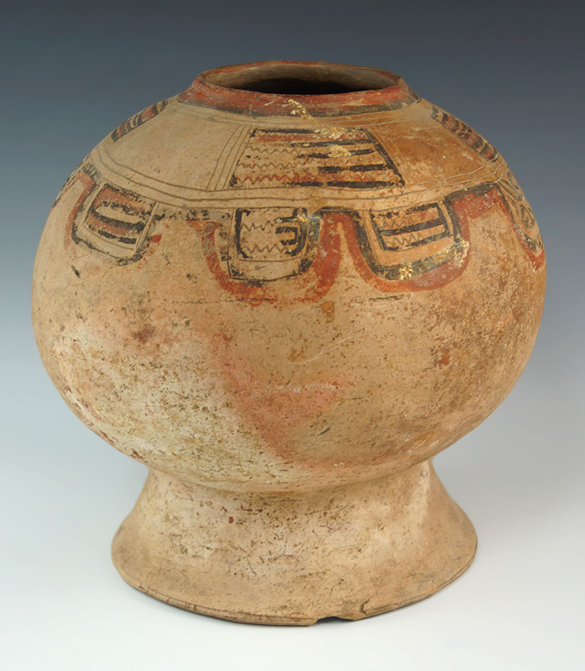 Breast effigy Olla on a pedestal - solid with a rim chip that measures 8 1/16" by 8 1/2". Costa Rica