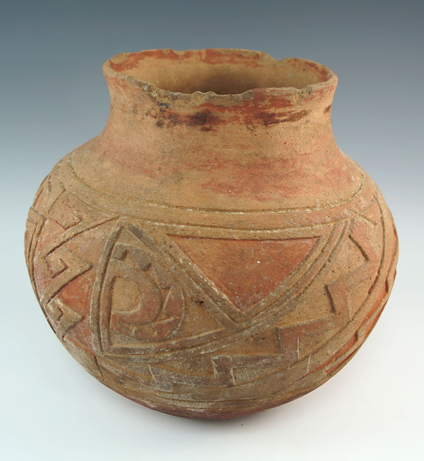 Scarce! 7 1/2" wide x 6 1/2"solid  Mayan carved-in-relief Olla. Classic period 500 BC - AD 500.