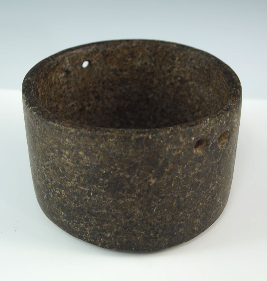 Exceptional! 4 1/8" x 2 1/2" tall stone bowl with suspension holes - steatite. Butte County, CA.
