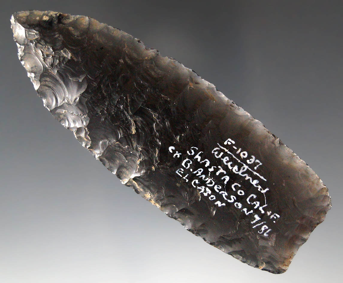 G-10! Truly awesome flaking! 3 9/16" translucent obsidian Agate Basin. Shasta Co., CA. COA.