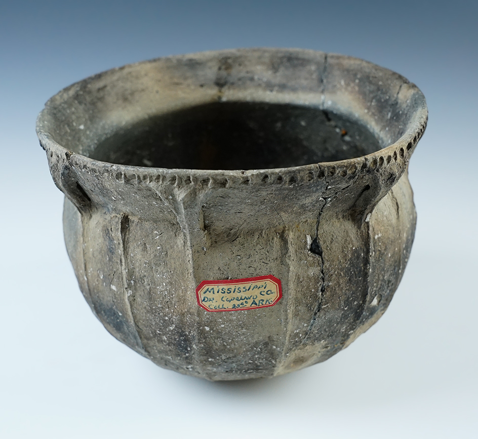 5 1/2" tall x 6 3/4" wide Shell Tempered Clay Pottery Vessel recovered in Arkansas. Ex. Copeland.